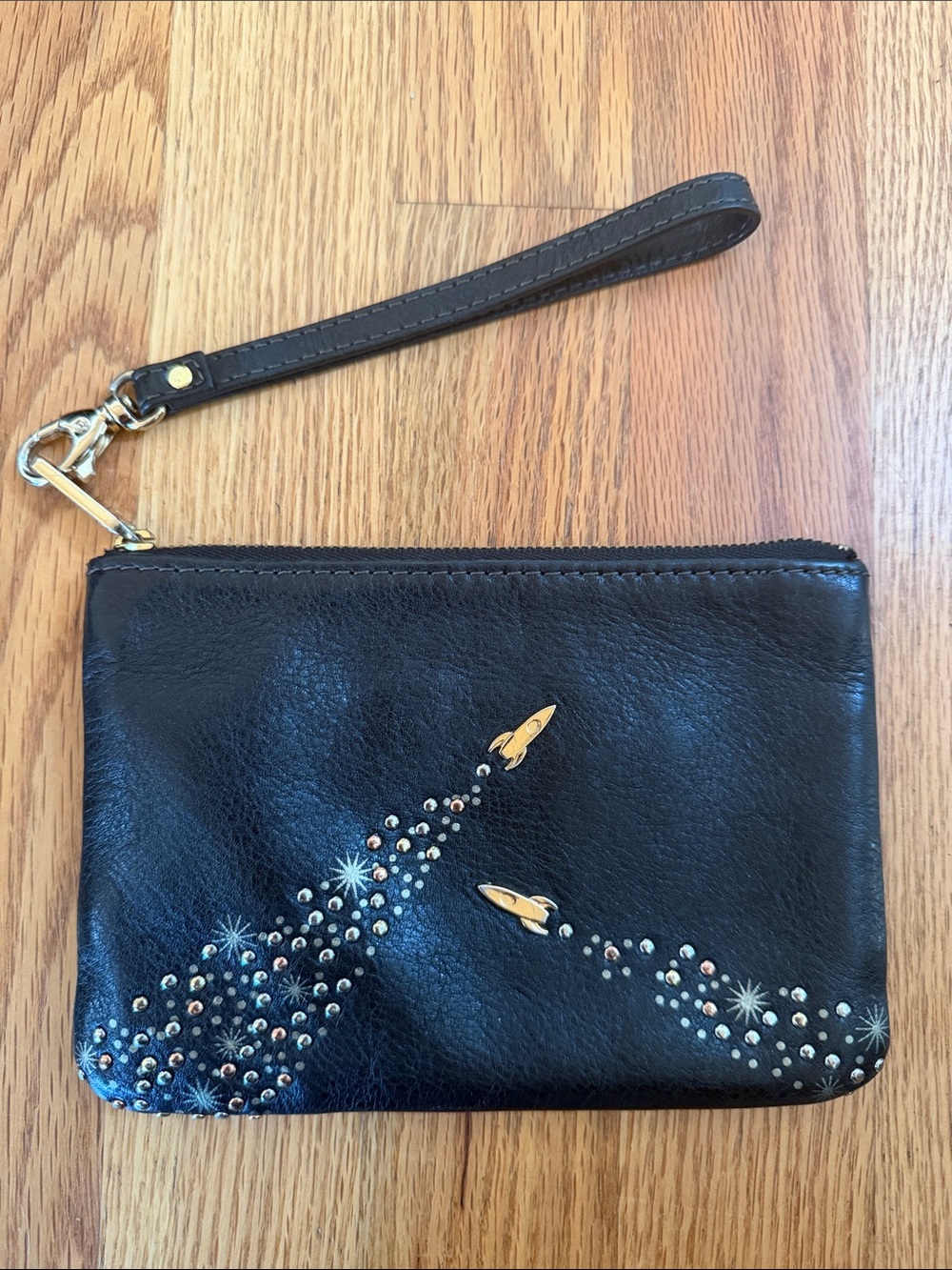 Fossil Black Leather Wristlet Clutch with Gold Constellation Rocket 2017